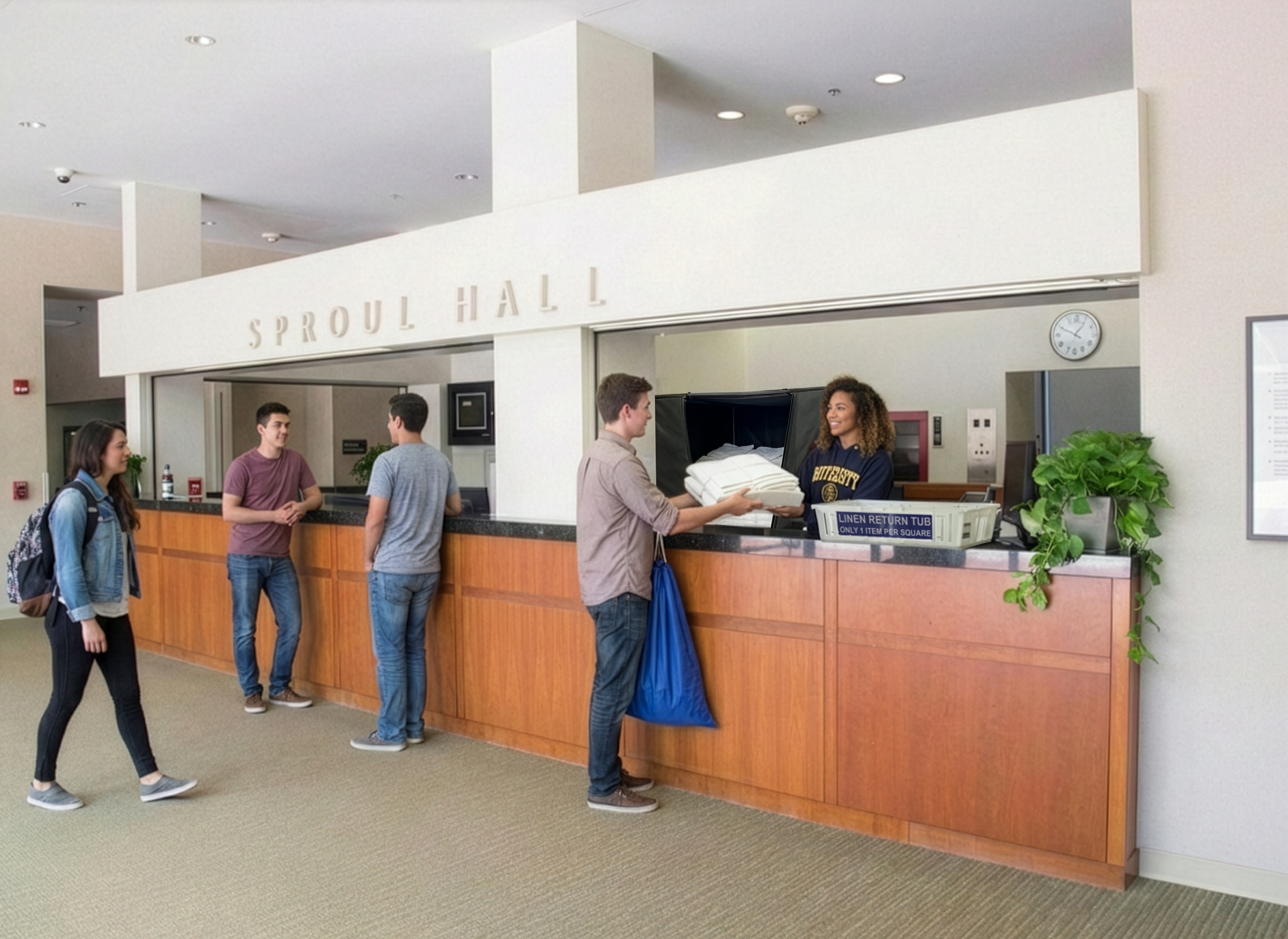 Students exchanging linens at a residence hall front desk